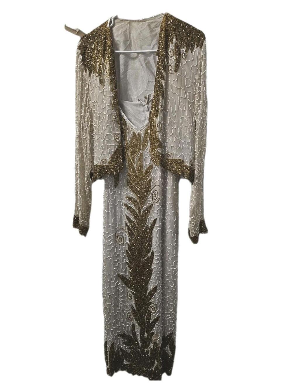 Beaded Silk Gown 2pc Dress Set Gold Sequin Bolero Layered Unbranded 1980s Vtg
